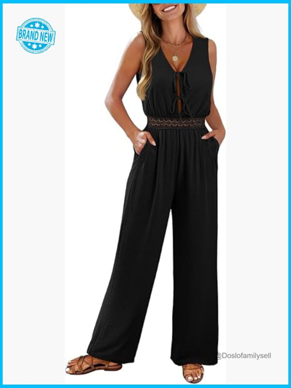 Sleeveless V-Neck Tie Front Wide Leg Jumpsuit Casual Vacation Romper with